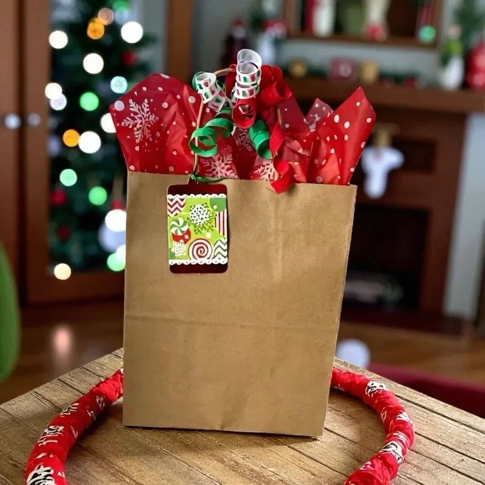 Set of 5 Festive Gift Bag Set with Red and Green Accents